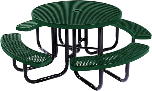 Heavy-Duty Portable Outdoor Picnic Table with Umbrella Hole, Punched Steel Commercial-Grade Patio Dining Furniture Made in America (46" Round Top, Green)