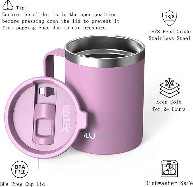 TILUCK 12 oz Insulated Coffee Mug with Lid, Double Wall Vacuum Insulated Travel Mug Cup with Handle for Hot or Cold Drinks（12oz，Matte Lilac）