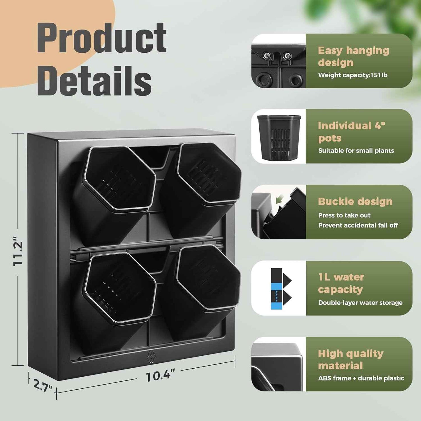 Wall-Mounted Vertical Garden Planter – Ready-to-Use Indoor Wall Planter with 4 Grow Pots – Perfect for Herbs, Succulents & Flowers – No Assembly Required(Black)