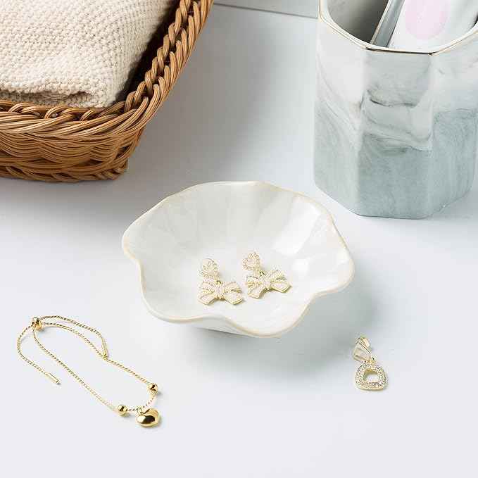 Jewelry Dish Tray, Ring Dish, Ceramic Trinket Tray, Key Bowl, Decorative Plate, for Friends Sisters Daughter Mother (Milky White)