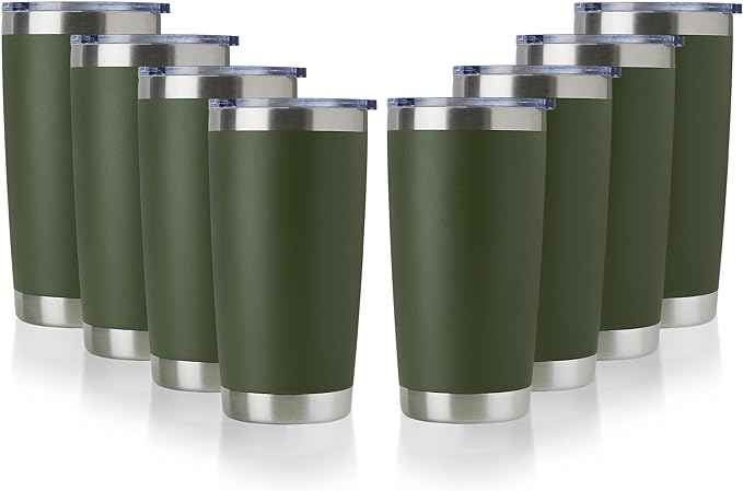 DOMICARE 20oz Stainless Steel Tumbler Bulk with Lid, Double Wall Vacuum Insulated Travel Mug, Powder Coated Coffee Cup, Army Green, 8 Pack