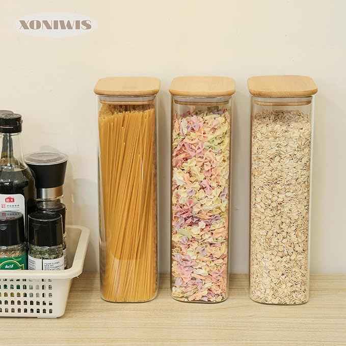 71oz 3PCS Rectangle Spaghetti Pasta Storage Containers with Lids, Tall Pantry Containers, Glass Tight Food Storage Jars with Lids for Penne, Macaroni, Lasagna, Fusilli, Cereal, Flour, Oats
