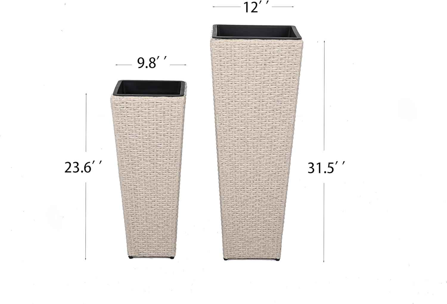 32"H Outdoor Rattan Flower Pots Set of 2,Patio Wicker All-Weather Planter Set,Rattan Plant Pots with Iron Frame for Herb Garden,or Indoor Decor,Large & Small Sizes, No Assembly Required Beige