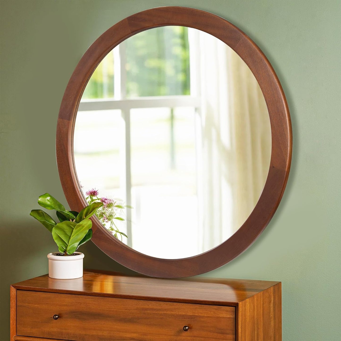 CULER Round Mirror 36 Inch,Wood Rustic Bathroom Tempered Wall Mirror with Walnut Frame,Farmhouse Wooden Vanity Circle Mirrors for Living Room,Entryway or Bedroom（Walnut Brown）