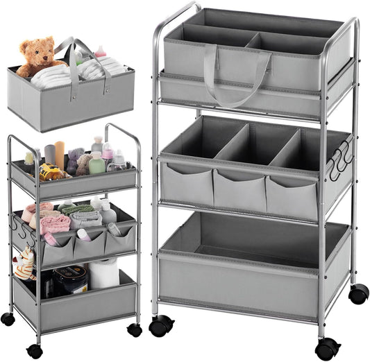Honeydak 2in1 Baby Diaper Caddy Organizer Cart 3 Tier Large Capacity Metal Utility Bedside Rolling Cart with Divider for Newborn Nursery Essential Must Have for Crib Bedroom Baby Shower(Gray)