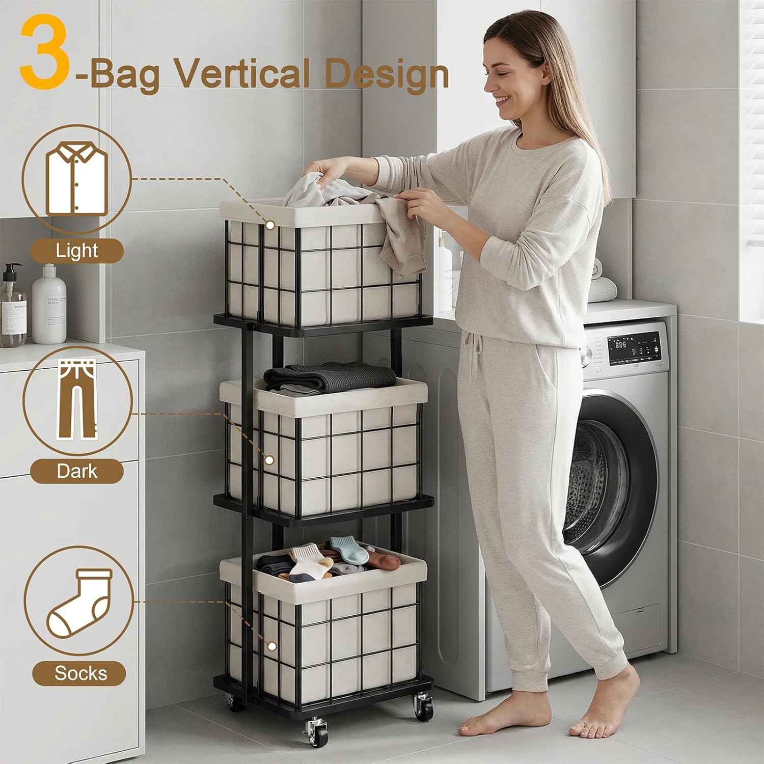 120L Vertical Rolling Laundry Hamper with Removable Bags, 3 Section Laundry Basket with Wheels, Slim Tall 3 Tier Laundry Sorter for Small Spaces, Dorm, Laundry Room, Bathroom, Closet, White