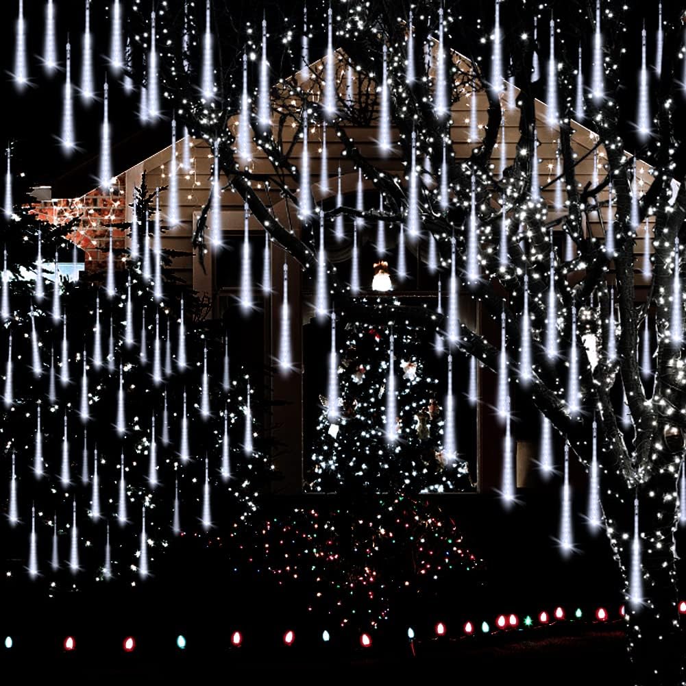 Christmas Lights Outdoor, Meteor Shower Lights 8 Tubes 192LED UL Certified Snow Falling Rain Cascading Icicle Light for Xmas Tree Christmas Decorations Outdoor Wedding Party Window, White