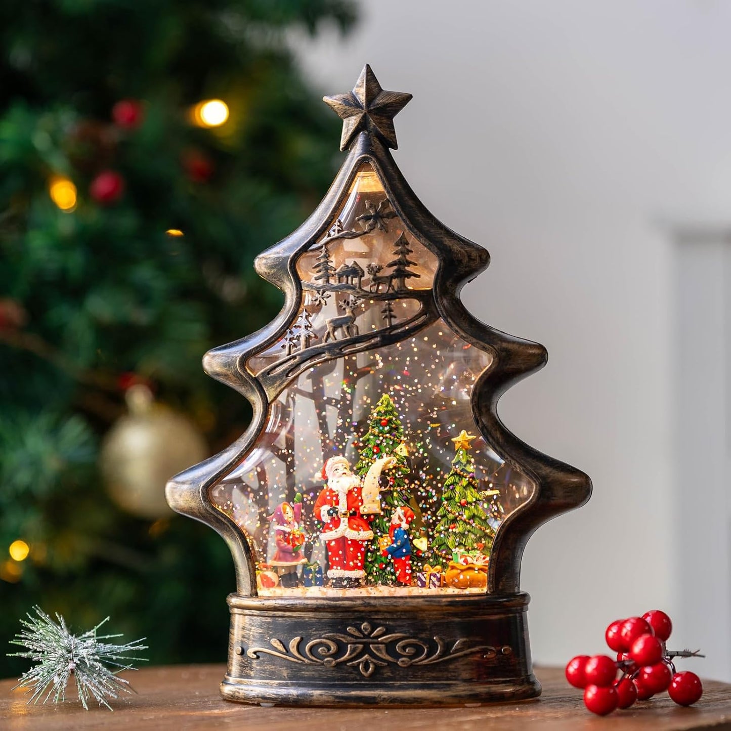 Christmas Snow Globe Lantern Water Glittering Santa's List with Music& Timer, USB Lined/Battery Operated Lighted Lantern for Christmas Festival Decoration Gifts （Santa）