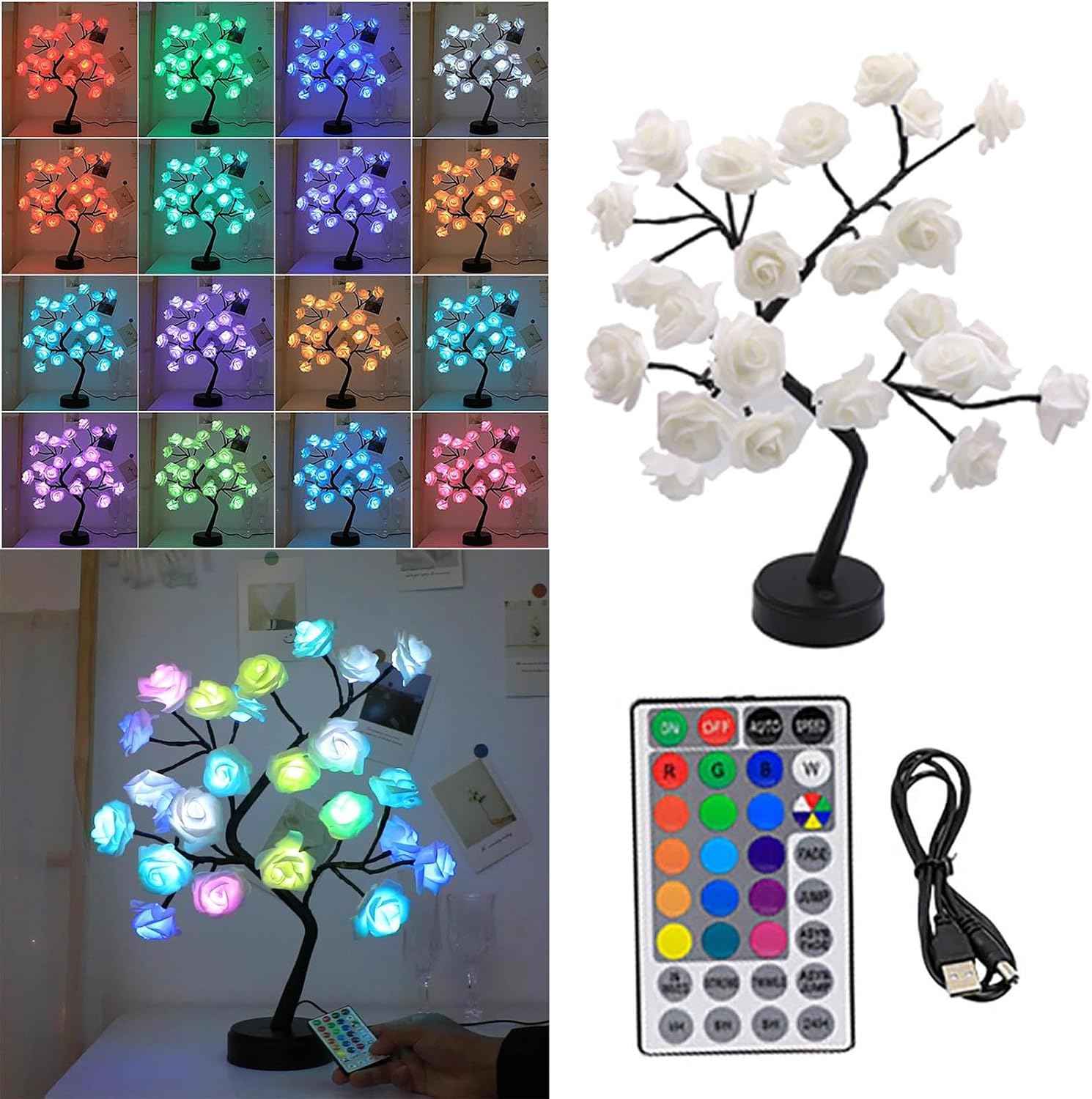 17 Colors Rose Tree Lamp, Color Changing Multicolor LED Table Lamp with Remote, 18" Pink Flower Bonsai Tree Light, Decorative Desk Tree for Mother’s Day, Christmas, Valentine’s Day, Wedding Decor