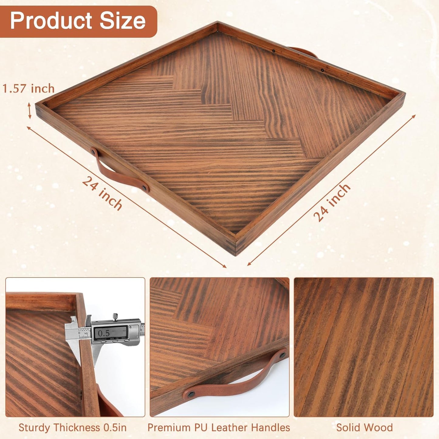 SXNOWS Large Ottoman Wood Trays, Wooden Serving Tray with Handles, Large Ottoman Tray, Square Wooden Serving Tray for Coffee Table, Living Room and Kitchen, 24 x 24 inch