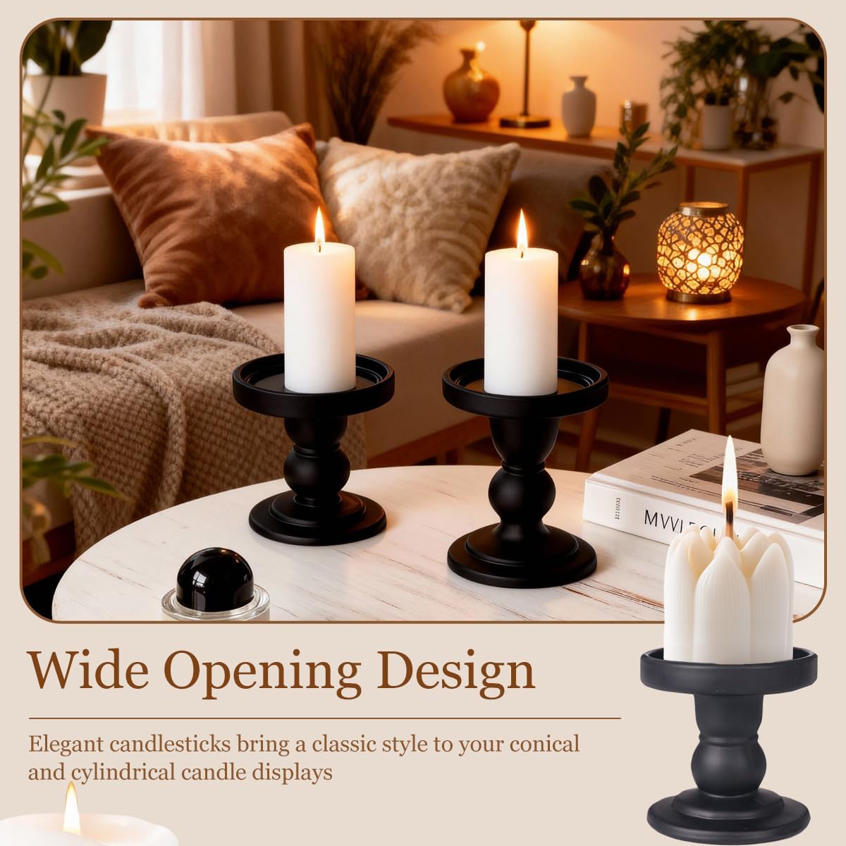 Matte Black Glass Candle Holder Pillar Taper Candle Stand Decorative Candlestick Holder Stand for Home Decor Wedding Dinner Table Centerpieces (Exclude Candles)