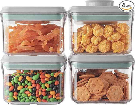 Ankou Airtight Container Set - (380ml 4 Pcs) Stackable One Button Openning Food Containers for Snacks Candy Salt Herbs Spices BPA-Free Tranparent (0.32 QT * 4)
