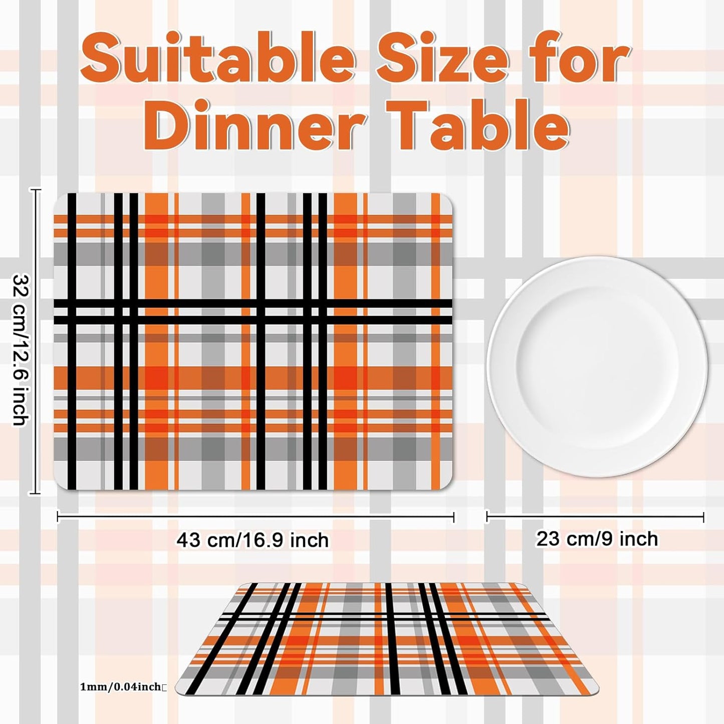 Fall Placemats Set of 6 Fall Orange Black Buffalo Plaid Plastic Table Mats Autumn Thanksgiving Place Mats Halloween Seasonal Table Decoration for Indoor Outdoor Party Kitchen Dining