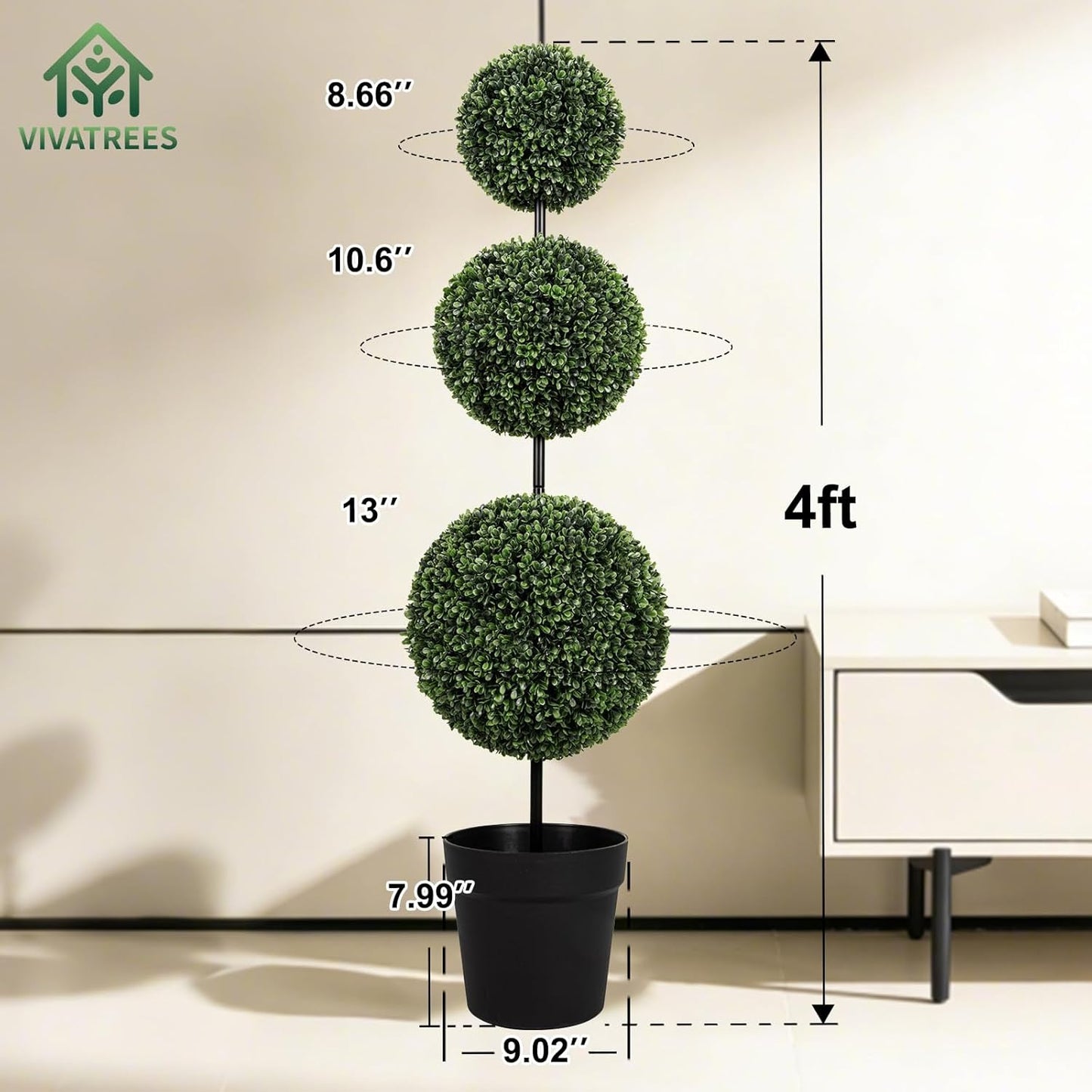 VIVATREES 4FT UV-Resistant Artificial Triple Ball Boxwood Topiary Set of 2, All-Weather Outdoor & Indoor Decor for Garden, Porch, Entryway