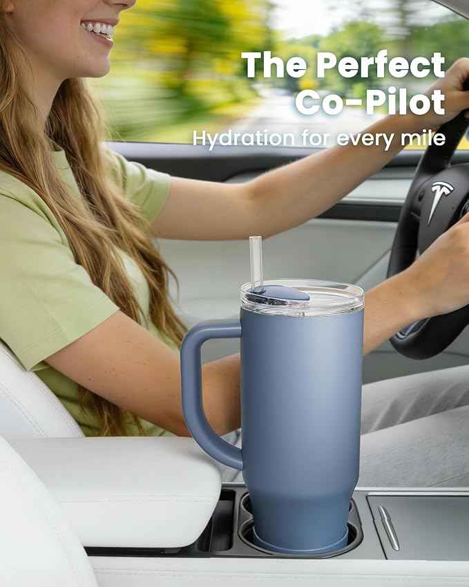 Renoj Insulated Mug 100% Spill Resistant Insulated Water Bottle for Iced Coffee & Hot Drinks - Fits Car Cup Holder, Ideal Gift, 2 Straws & Silicone Boot - FlexSlide Navy Blue 40 oz