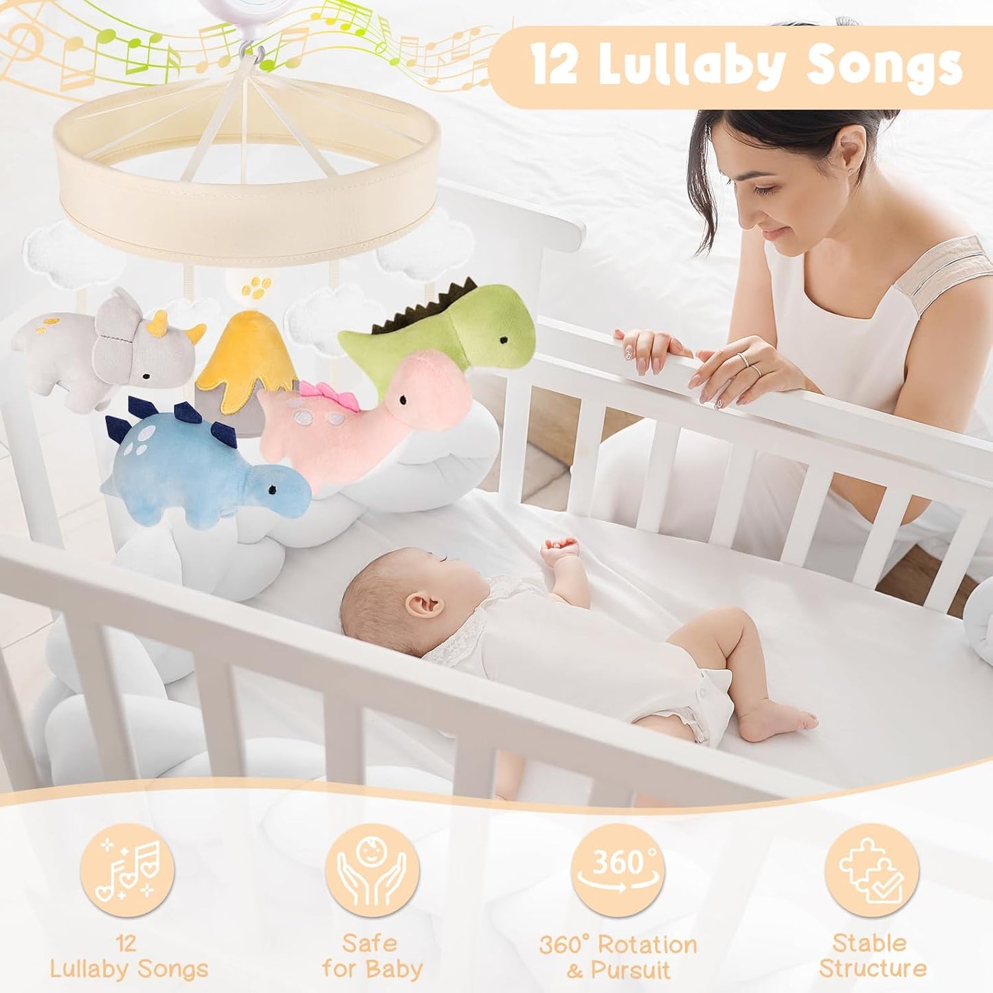 Dinosaur Crib Mobile – Beige Dino Baby Crib Mobile with 3-Mode Music Box, Nursery Mobile with Triceratops, T-Rex, Volcano, Fits Standard Cribs