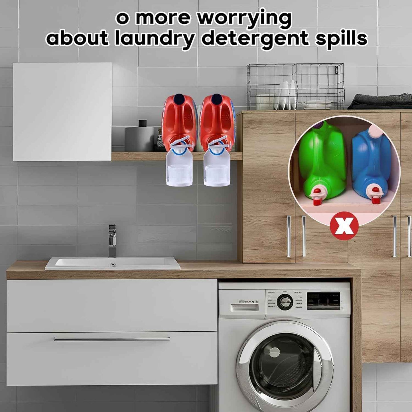 KMOUANTS 2 Pack Laundry Detergent Dispenser Cup Holder, Nozzle button upgrade，Easily No More runny or Messy Laundry Detergent, Laundry Cup Holder and drip Tray Room Organization and Storage