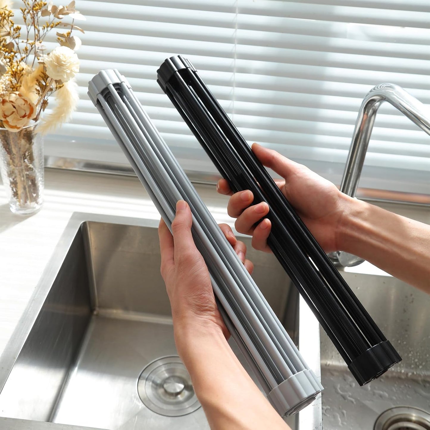 SAOSHYPEI Roll Up Dish Drying Rack,Over The Sink Dish Drainer Anti-Slip Dish Racks for Kitchen Counter,Silicone Coated Steel Multipurpose Space Saving for Kitchen,20.5" x 13.1", Grey