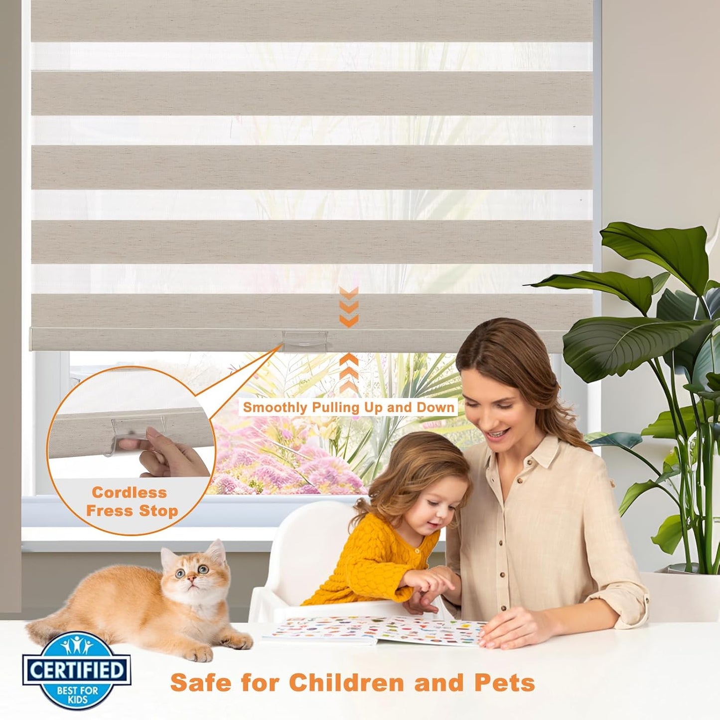 Persilux Linen Cordless Zebra Blinds for Windows, Privacy Light Filtering Dual Layer Blinds for Day and Night, Roller Shades for Bedroom,Living Room,Office (Custom Size,Light Beige)