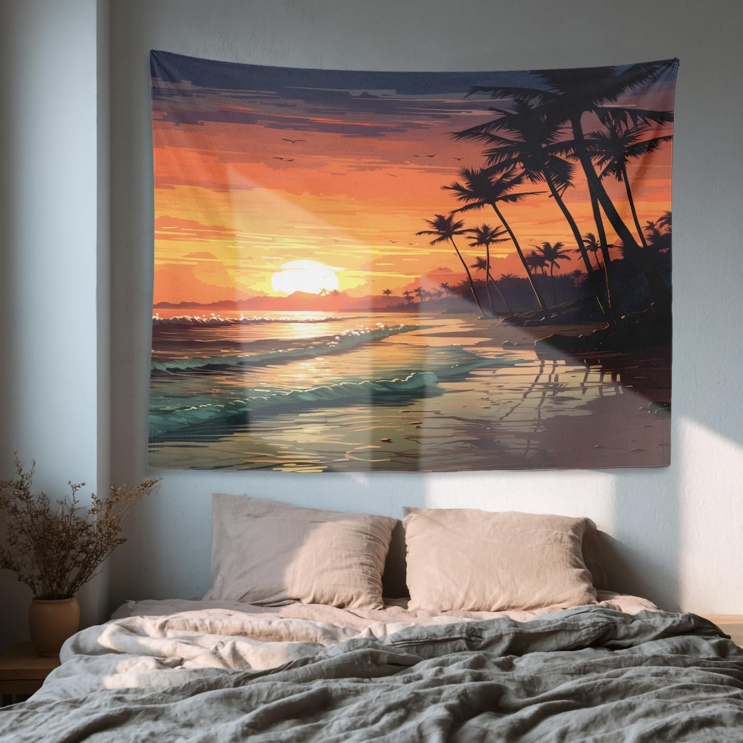 Shrahala Sunset Beach Wall Tapestry, Tropical Seaside Scene Wall Hanging Large Tapestry Decoration Polyester Fiber White Hem Around For Dorm Room Bedroom 59.1 X 82.7 In