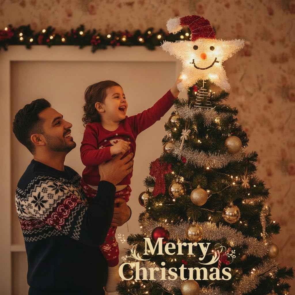 Christmas Tree Topper Snowman Star: Lighted Sparkling Snowman Xmas Tree Top with Led Lights Decoration for Holiday Parties Seasonal Celebrations (Without Battery)