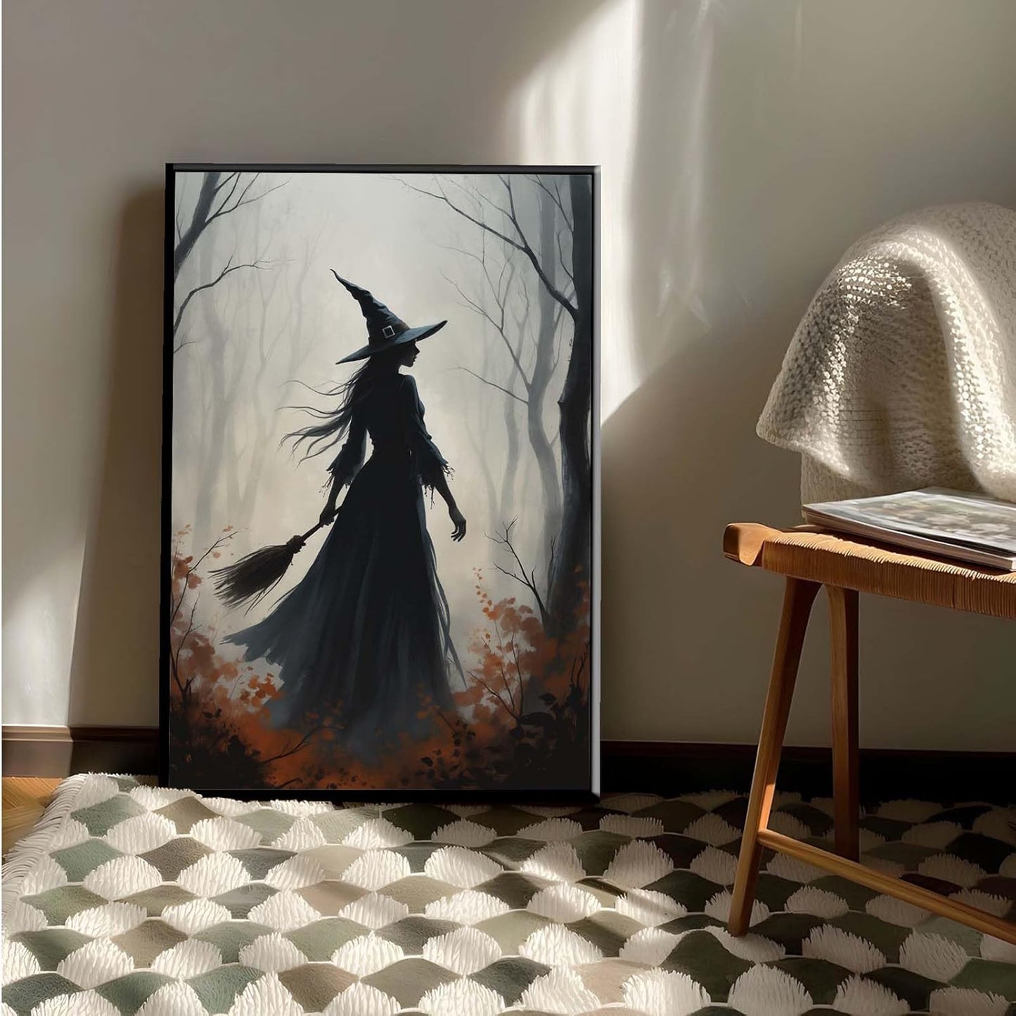 JFHCQJPK Vintage forest witch silhouette poster Halloween mural poster decoration mural art magic suitable for home living room bedroom12x16in Metal blackFramed