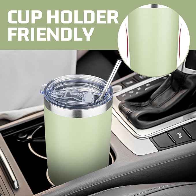 20 oz Tumbler with Lids and Straws, Stainless Steel Insulated Travel Coffee Mug, Double Wall Vacuum Insulated Tumblers, Powder Coated Coffee Tumbler for Cold & Hot Drinks (Green Tea)