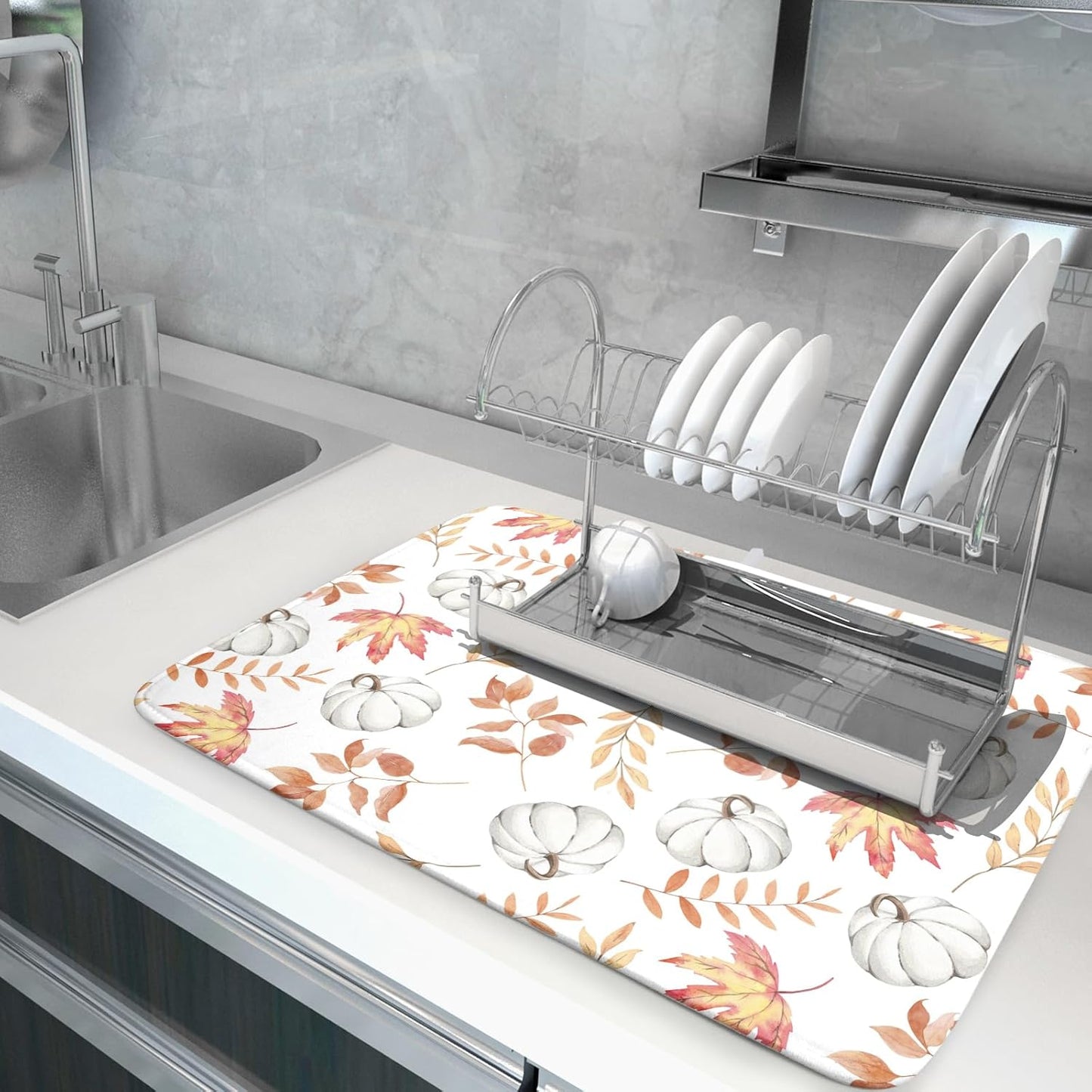 Fall Dish Drying Mat for Kitchen Counter Autumn White Pumpkins Maple Leaves Seasonal Super Absorbent Reversible Microfiber Kitchen Countertop Protector Dishes Pad Large 18x24 inch