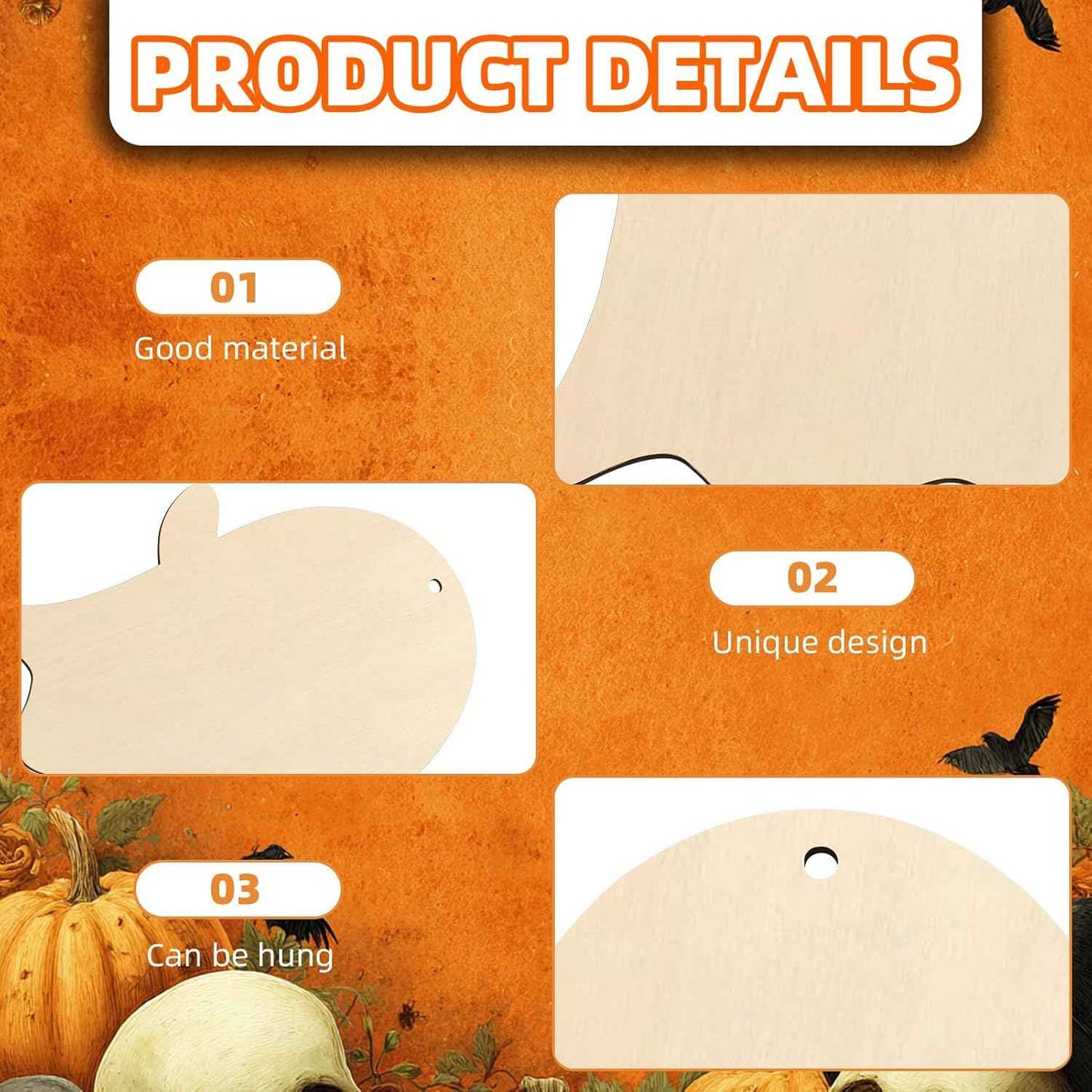 Large Size 7'' Wooden Halloween Ornaments to Paint 30 Pcs DIY Blank Unfinished Ghost Wooden Cutouts with Twines for Halloween Thanksgiving Day Fall Party