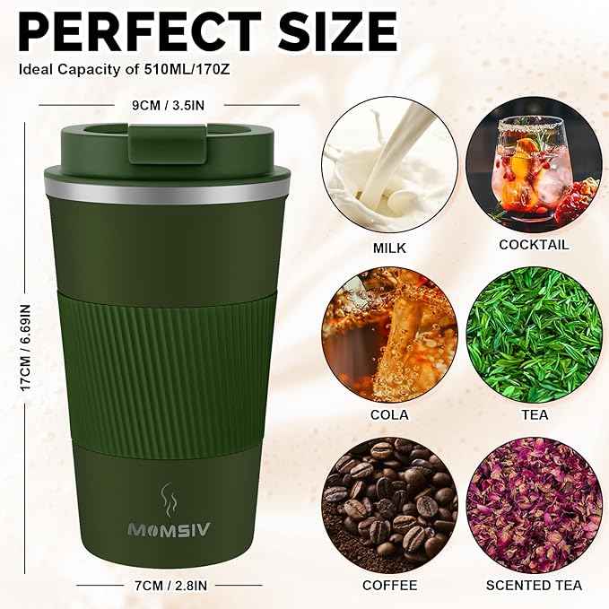 MOMSIV 17oz Travel Mug, Insulated Coffee Cup with Leakproof Lid, Vacuum Stainless Steel Double Walled Reusable Tumbler for Hot and Cold Water Coffee and Tea In Travel and Car