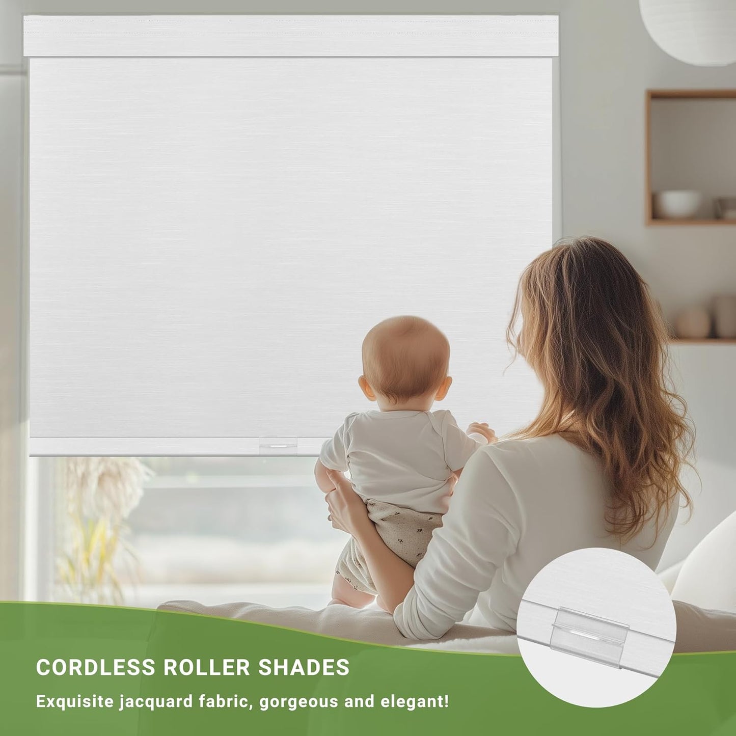 Blackout Roller Shades for Indoor Windows, Cordless Jacquard Fabric-Matched Roller Blinds, Easy to Install Privacy UV Protection Roll Up Blinds for Home Office, Pure White, 30" W x 72" H