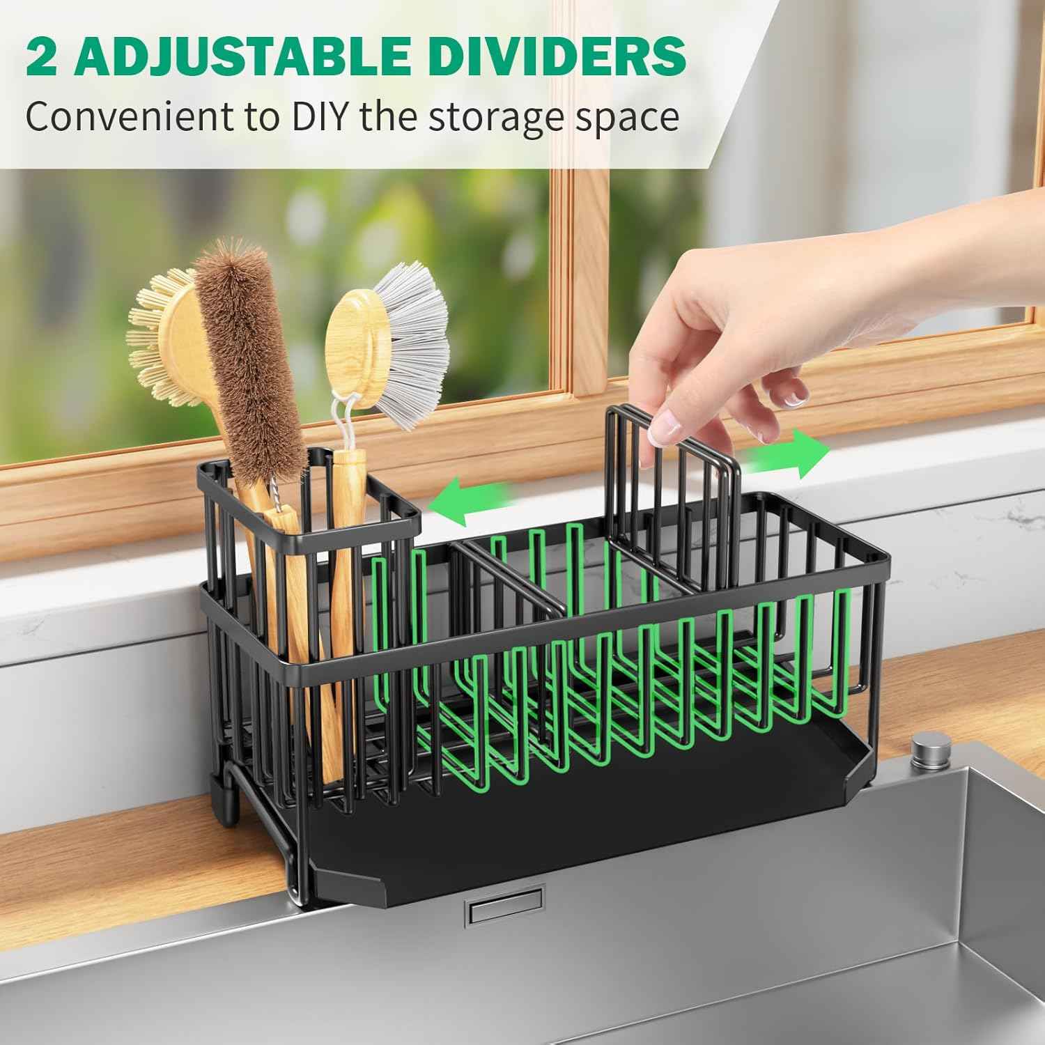 TomCare Extra Large 11'' Sink Caddy With Drain Tray Non-slip Kitchen Sink Organizer With 2 Adjustable Dividers High Brush Holder Rustproof Sponge Holder Kitchen Storage Accessories for Counter