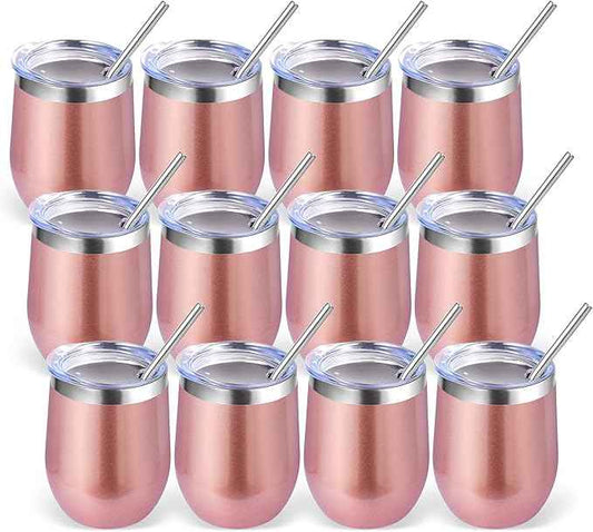 Volhoply 12oz Stainless Steel Wine Tumbler with Lid Bulk 12 Pack,Double Wall Vacuum Stemless Wine Glasses,Reusable Metal Travel Coffe Mug with Straw,Insulated Cup Gifts for Christmas（Rose Gold,12 Set）
