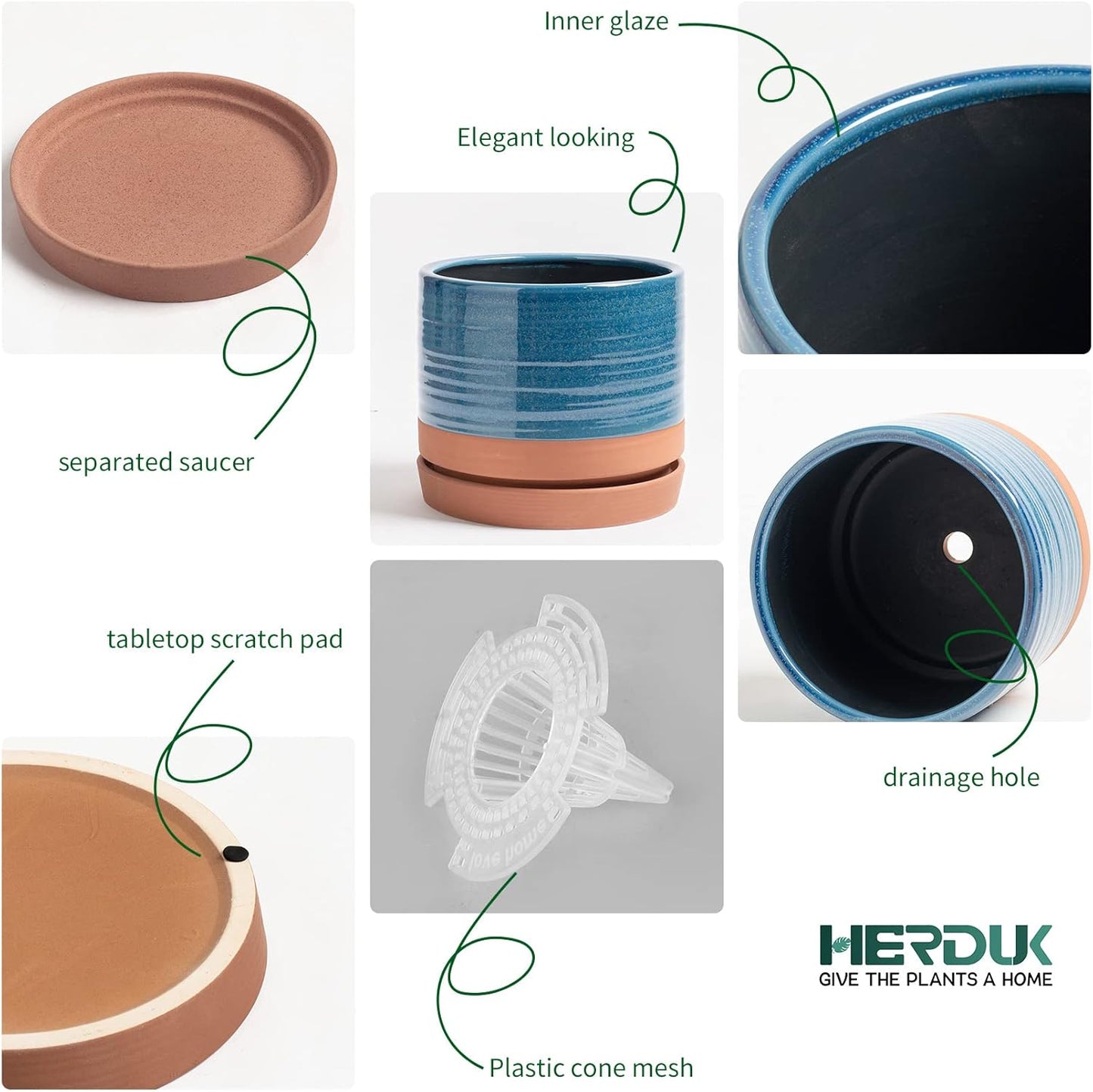 6 + 8 Inch Plant Pots, Ceramic Planter Pot with Drainage Hole & Saucer, Indoor/Outdoor Cylinder Round Planter Pot, Aqua Blue & Terracotta