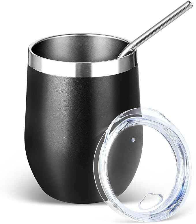 Volhoply 12oz Stainless Steel Wine Tumbler with Lid and Straw,Double Wall Vacuum Insulated Stemless Wine Glasses,Reusable Travel Coffe Mug for Cold Drinks,Small Tumblers Gifts for Women（Black,1 Set）