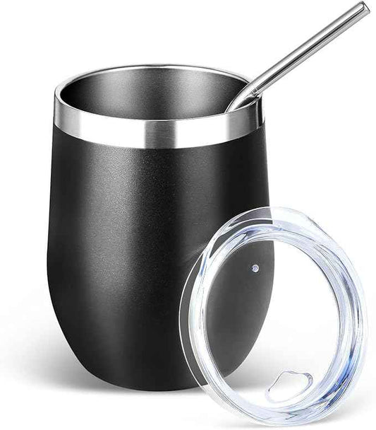 Volhoply 12oz Stainless Steel Wine Tumbler with Lid and Straw,Double Wall Vacuum Insulated Stemless Wine Glasses,Reusable Travel Coffe Mug for Cold Drinks,Small Tumblers Gifts for Women（Black,1 Set）