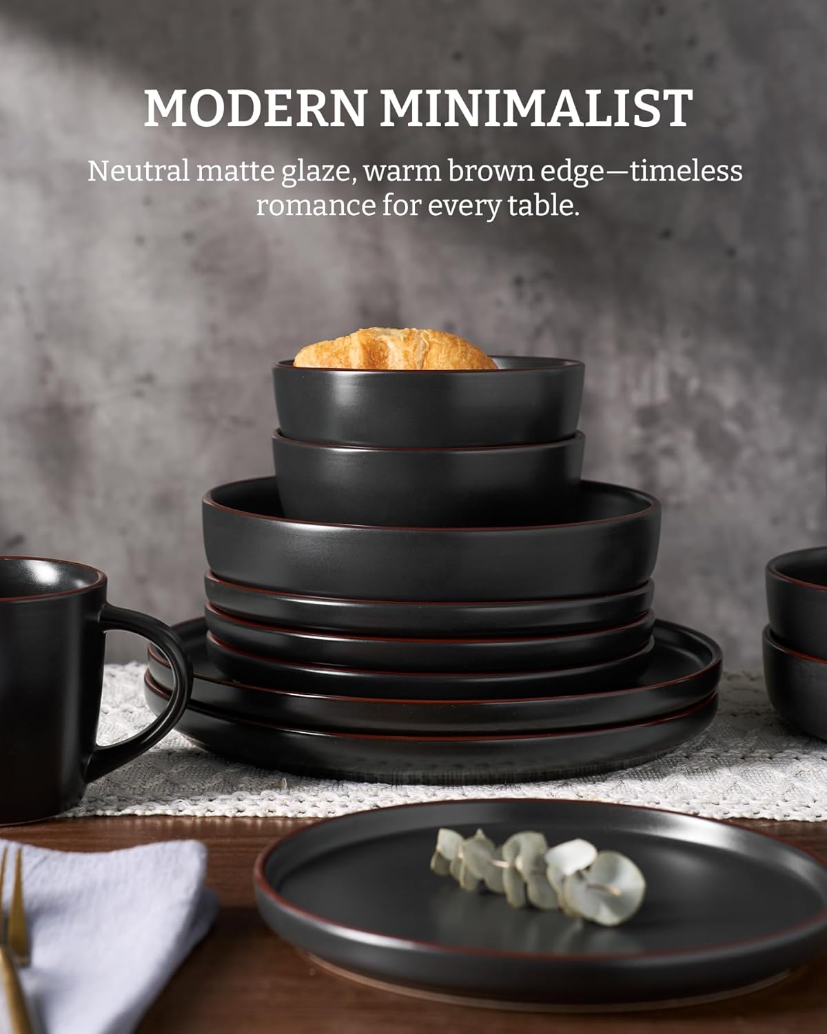 Famiware Mercury Plates and Bowls Sets, 18 Pieces Stoneware Dinnerware Sets, Dishes Set for 6, Microwave and Dishwasher Safe, Matte Black