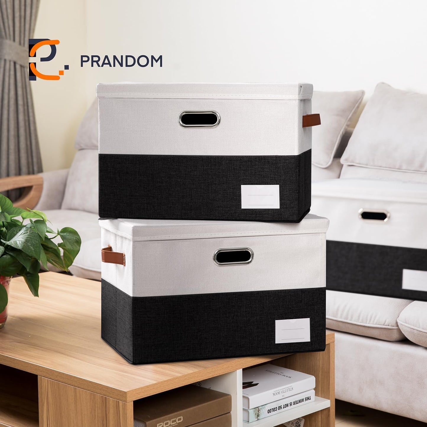 PRANDOM Foldable Storage Bins with Lids [3-Pack] Fabric Collapsible Storage Boxes Baskets Cubes Containers with Handles for Closet Living Room Bedroom (Black & White 17.7x11.8x11.8'')