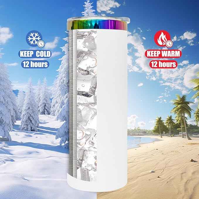 20 oz Skinny Tumblers Stainless Steel Tumbler with Lid and Straw Double Wall Vacuum Insulated Coffee Mug 20oz Powder Coated Cup for Hot and Cold Drinks(White,8 pack)
