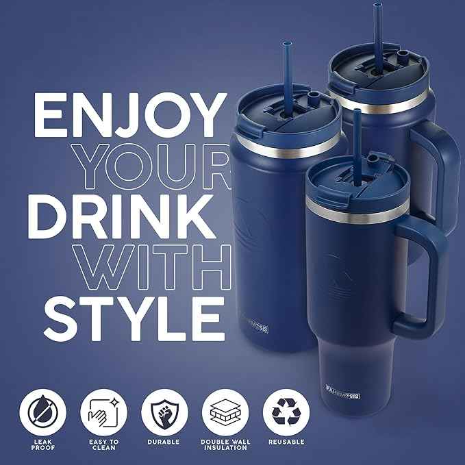 FAHRMOSIS 40 Oz Tumbler with Handle and Straw Insulated Cup that Fits in Cup Holder for Hot & Cold Drinks Leak Proof Tumbler with Straw Stainless Steel Travel Mug for Men & Women - Navy Blue