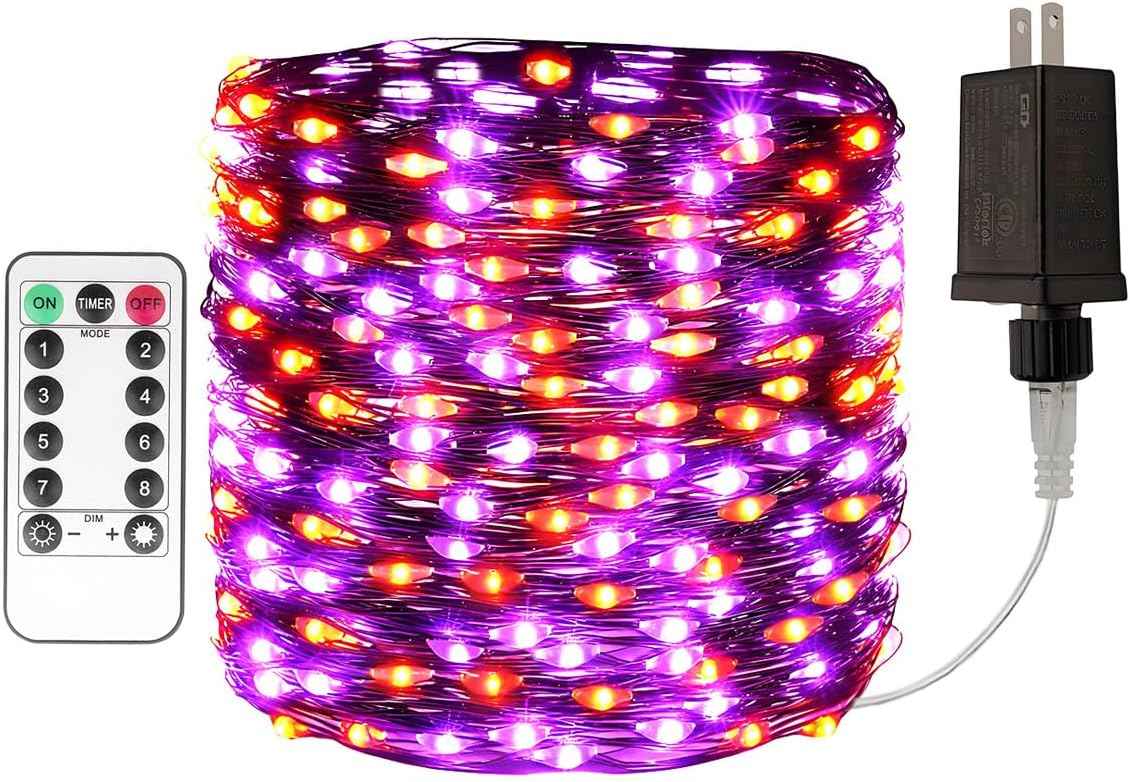 Halloween Fairy Lights 66FT 200 LED Waterproof Plug in Purple and Orange LED String Lights with Remote 8 Modes for Indoor or Outdoor, Patio, Backyard,Garden