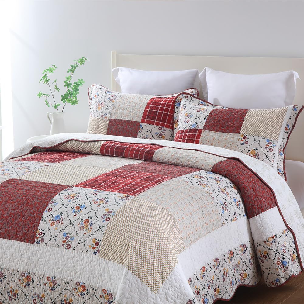 Cotton Bedspread Quilt Bedding Sets 3 Pieces Reversible Coverlet Sets Comforters Vintage Red White Rose Floral Patchwork Bedspread, King Size