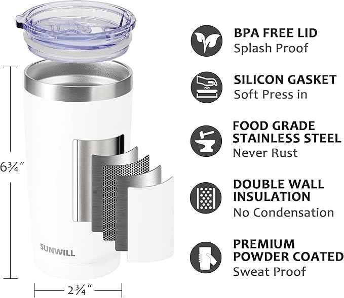 SUNWILL Travel Coffee Tumbler 20 oz, Insulated Mug with Lid, Stainless Steel Cup for Hot and Cold Drinks, Powder Coated White