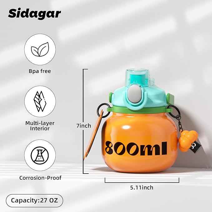 27 oz Aesthetic Water Bottle with Straw and Carry Handle, Chunky Wide Mouth Vacuum Insulated Stainless Steel Flask Taza Easy Carry, Trendy Portable Tumbler for School, Gym, Travel, Orange