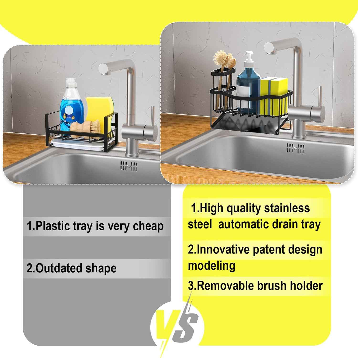 Fssvcd Maifan Sink Caddy Sponge Holder for Kitchen with Brush Holder and Stainless Steel Self Drain Tray, Rustproof Kitchen Sink Organizer for Sponge, Soap Dispenser Storage Accessories