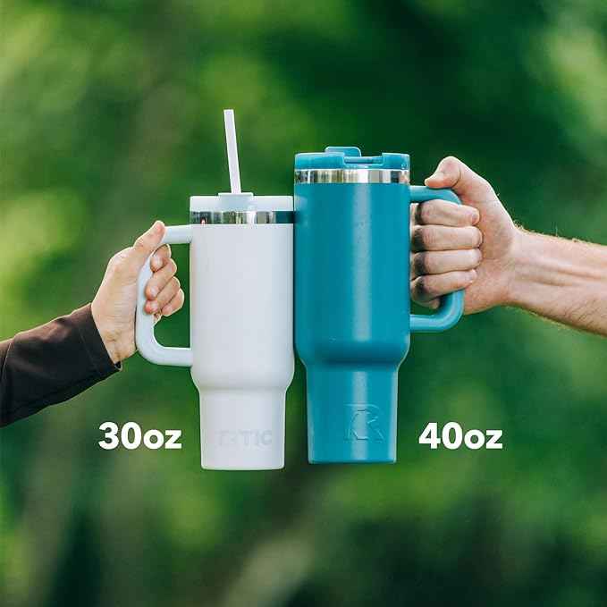 RTIC 40 oz Road Trip Tumbler Double-Walled Cermaic Lined Insulated Stainless Steel Portable Travel Coffee Mug Cup with Lid, Handle and Straw, Sunlight Gingham