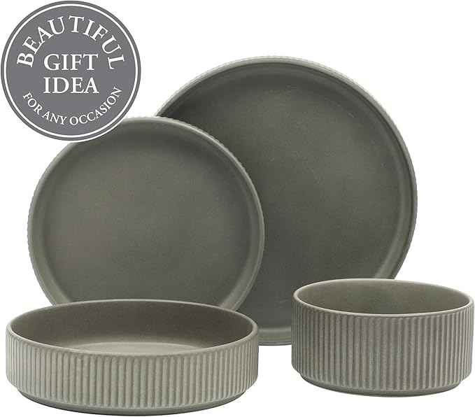 Gibson Elite Deerfield 16-Piece Stoneware Dinnerware Set – Soft Grey Reactive Glaze, Stackable Plates and Bowls, Service for 4 – Microwave & Dishwasher Safe