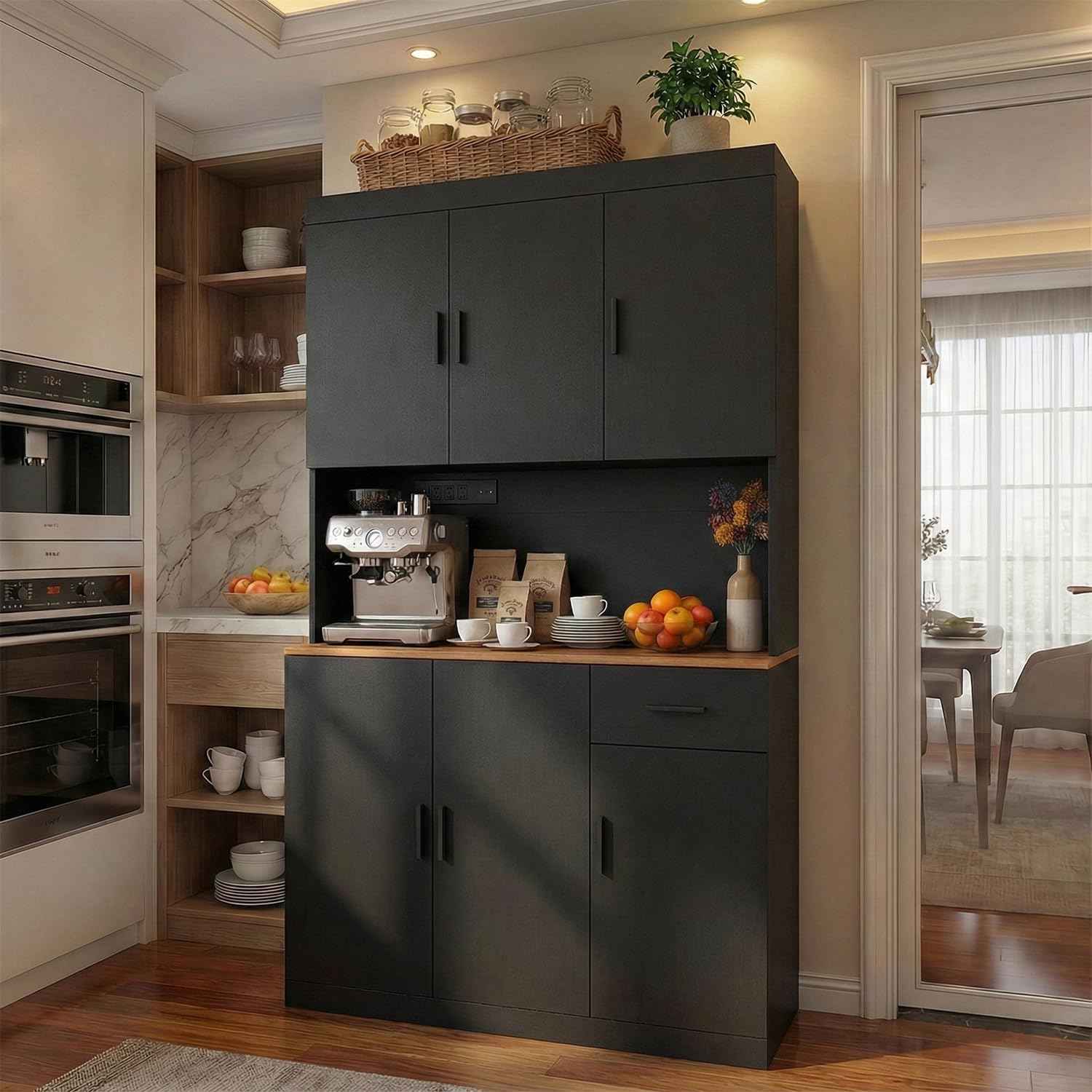 DIYART 71 Inch Black Pantry Cabinet with Power Outlet, Heavy-Duty Freestanding Kitchen Storage Organizer with Reinforced Frame, Pantry Hutch for Kitchen, Dining Room, Living Room