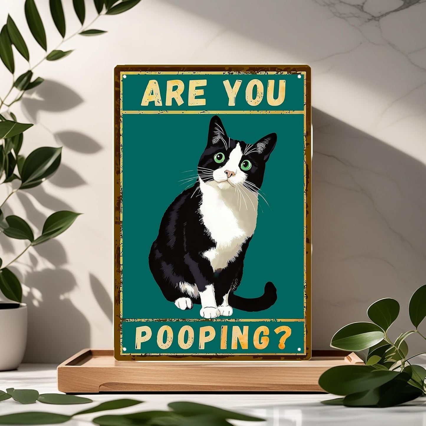 "Are You Pooping Sign" Funny Bathroom Wall Art,Vintage Tuxedo Cat Metal Sign,Funny Bathroom Cat Wall Decor,Western Home Decor for Cat Lovers,8x12 Inch