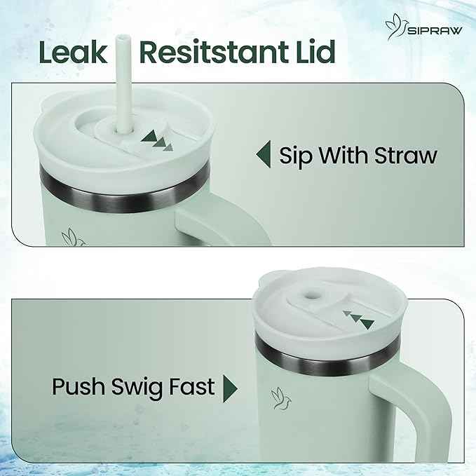 30oz Tumbler with Handle and Straw Insulated Stainless Steel Travel Mug Vacuum Double Wall Coffee Cup Leak Resistant Lid BPA-Free Cup Holder Friendly for Hot & Cold Drinks, Pastel Green
